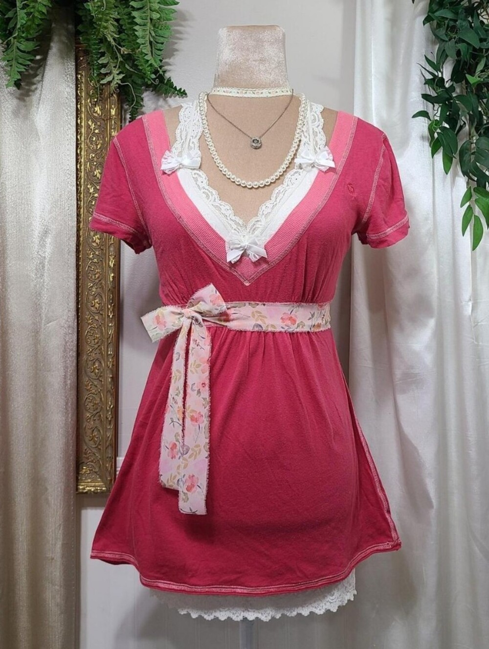 ♡ Y2K ♡ Abercrombie Pink V Neck Babydoll Floral Waist Tie Short Sleeve Top